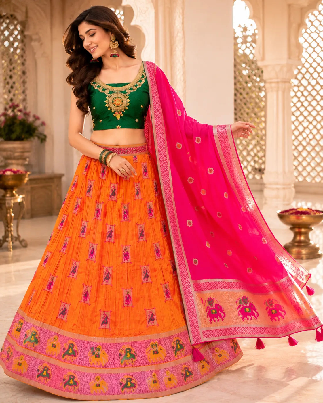 Kesari Gulabi Banarasi Lehenga