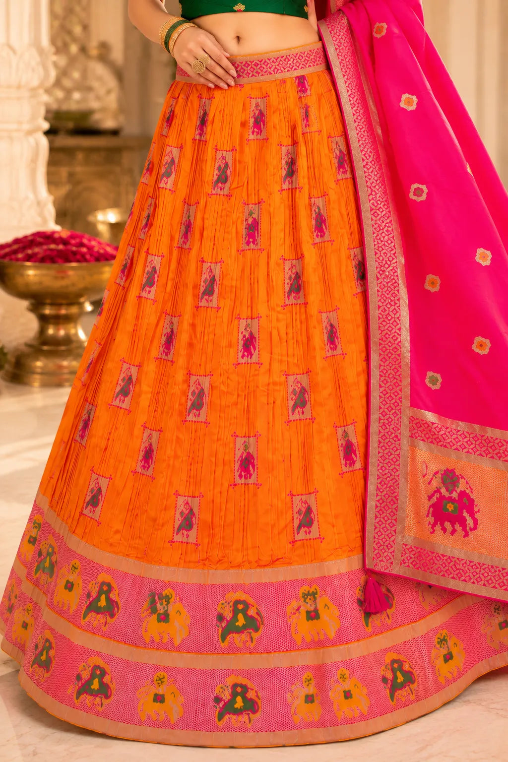 Kesari Gulabi Banarasi Lehenga