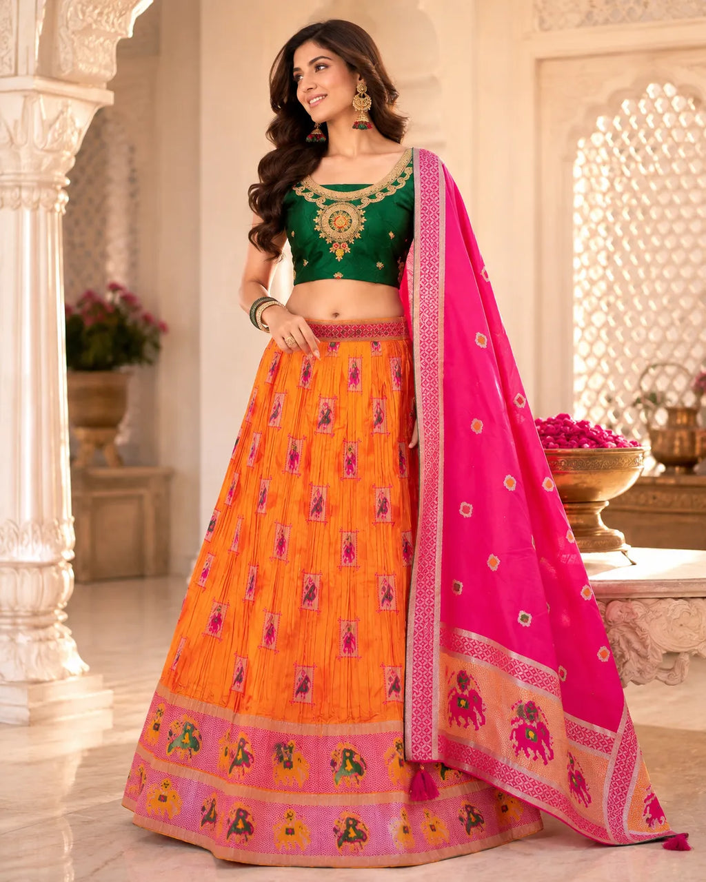 Kesari Gulabi Banarasi Lehenga