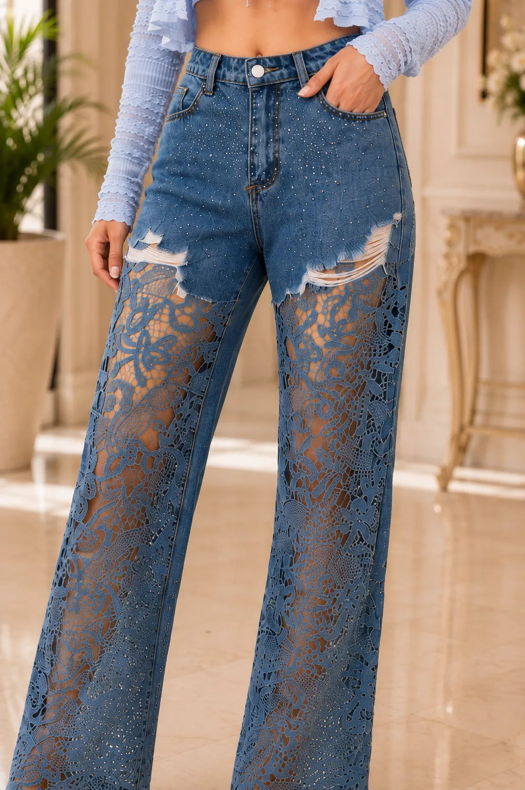 Lace Illusion Wide Leg Denim