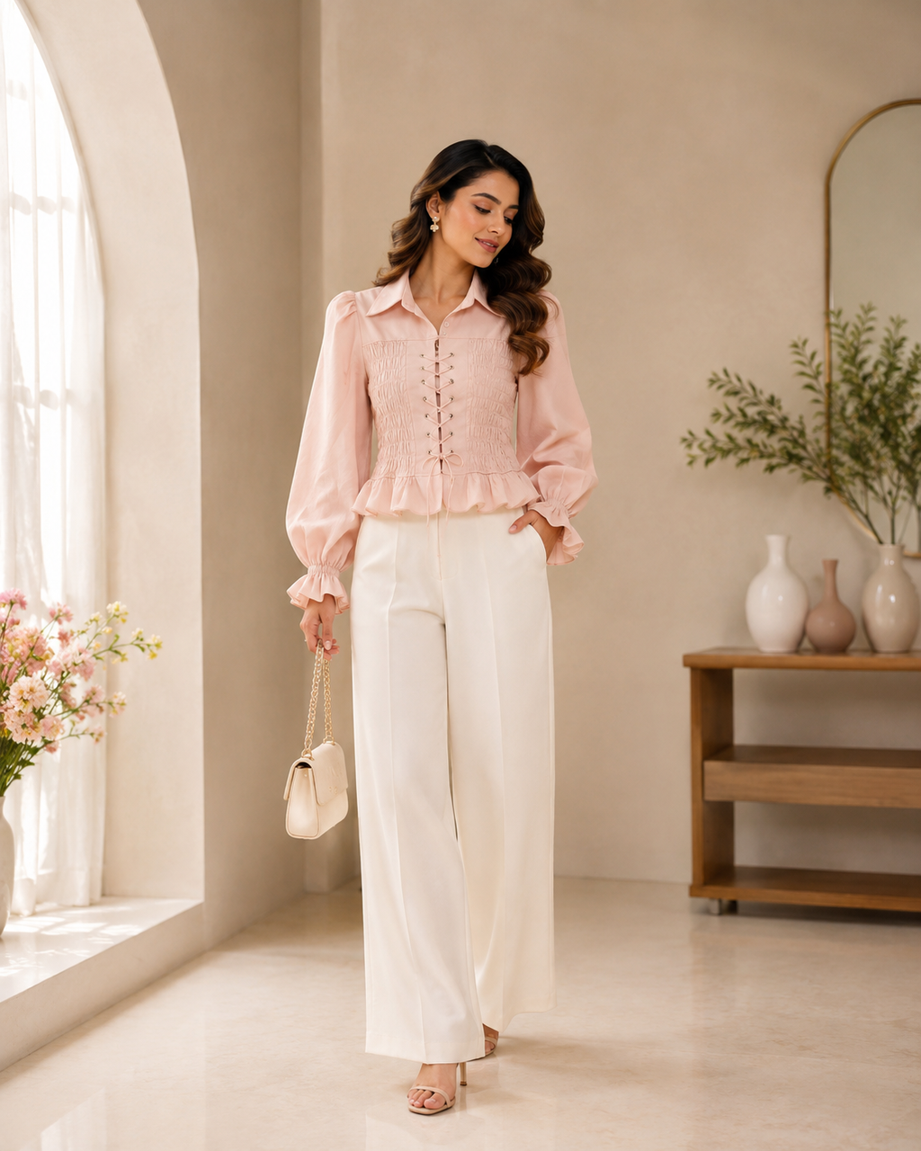 Lace Up Smocked Peplum Top