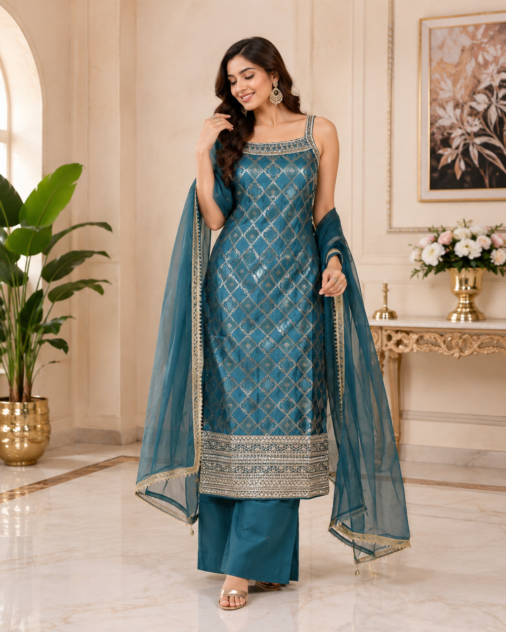 Meher Geometric Embroidered Suit Set