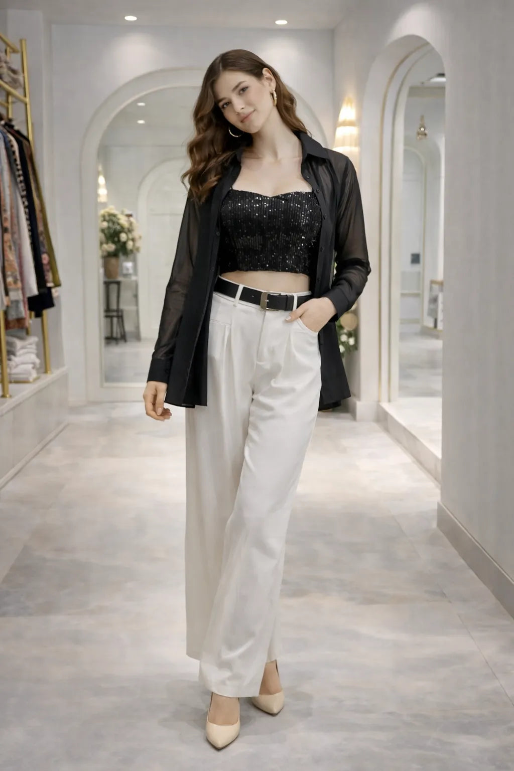 Mesh Overlay Sequin Top Set