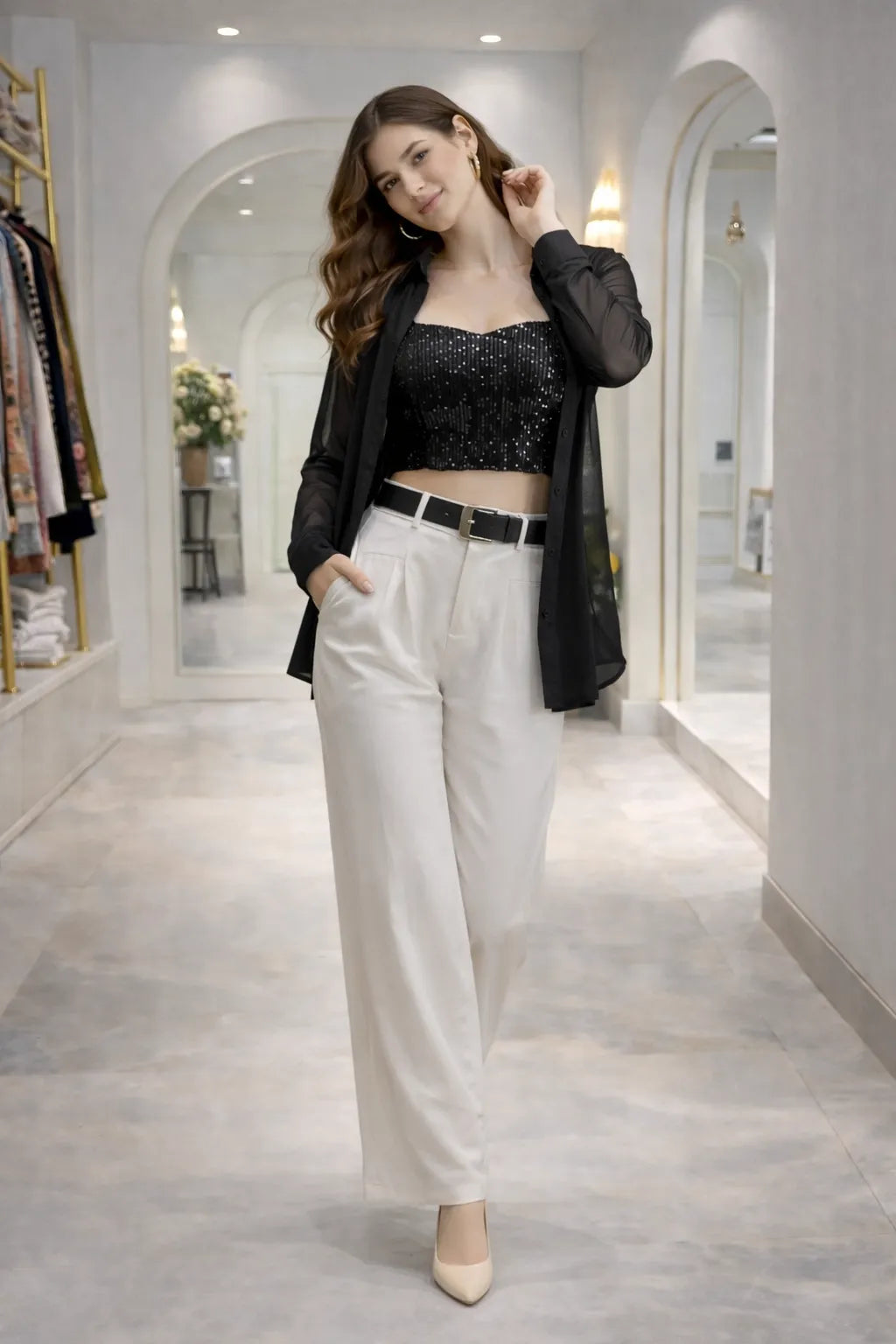 Mesh Overlay Sequin Top Set