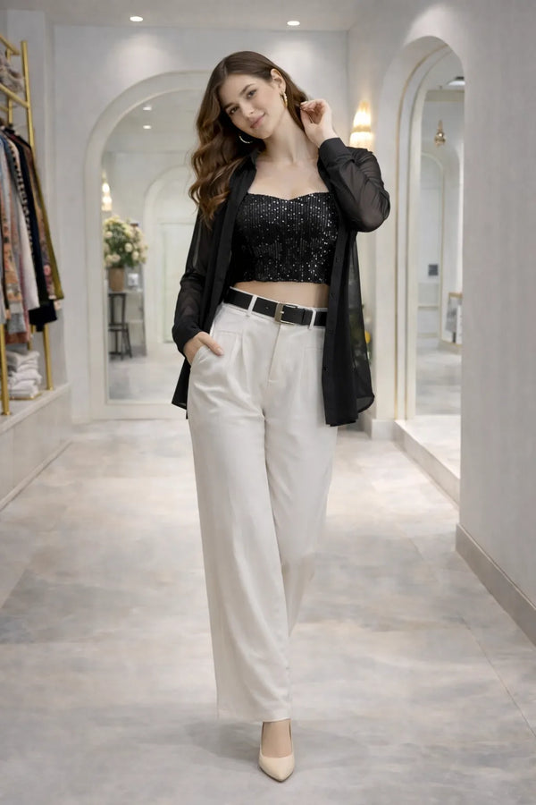 Mesh Overlay Sequin Top Set