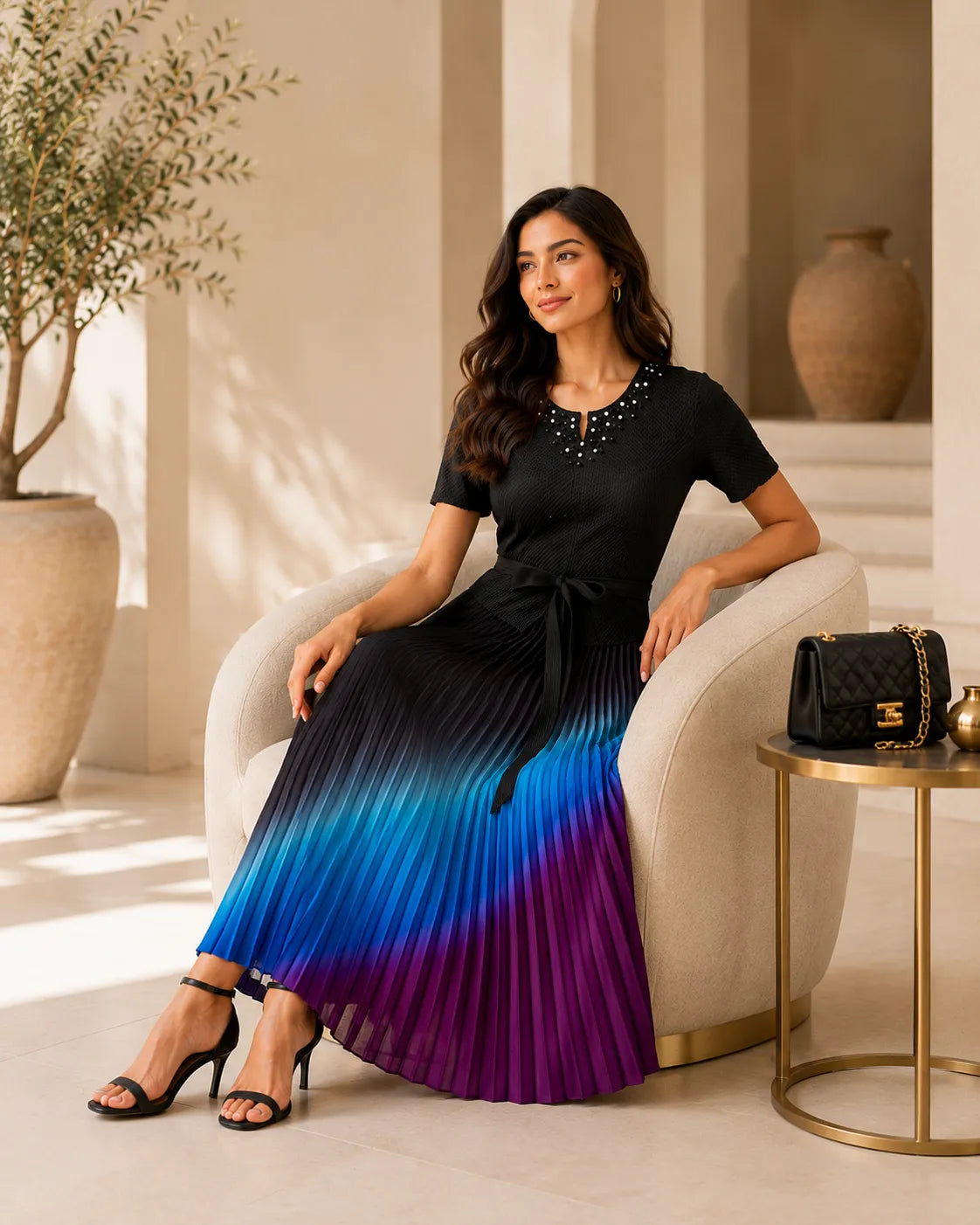 Midnight Aura Ombre Pleated Dress