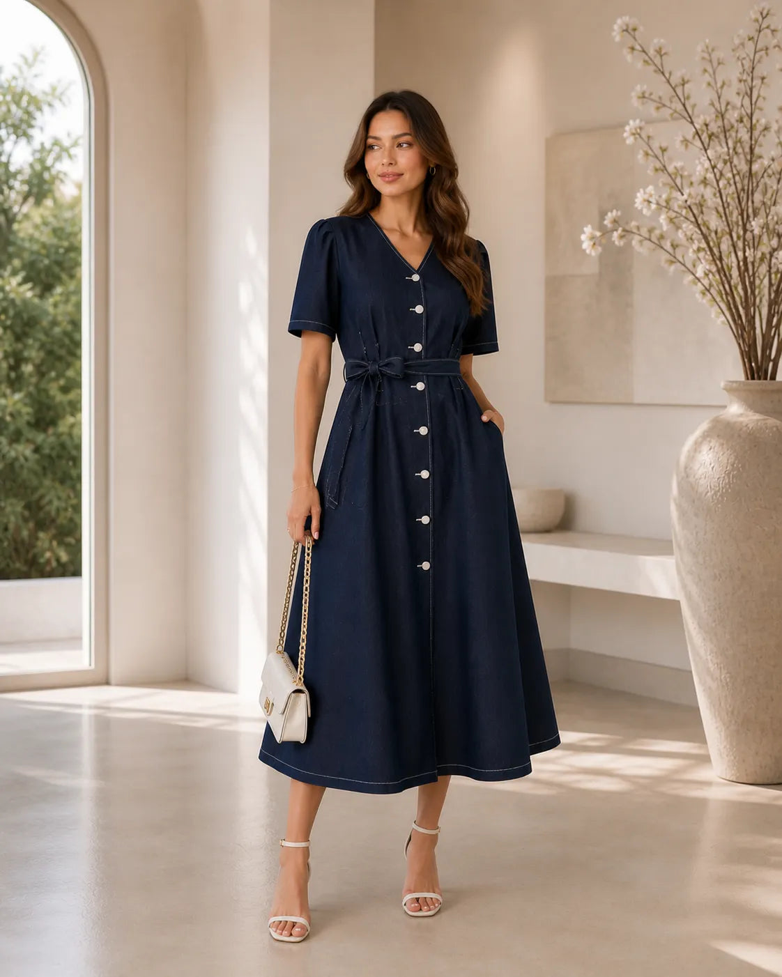 Midnight Blue Button Down Midi Dress