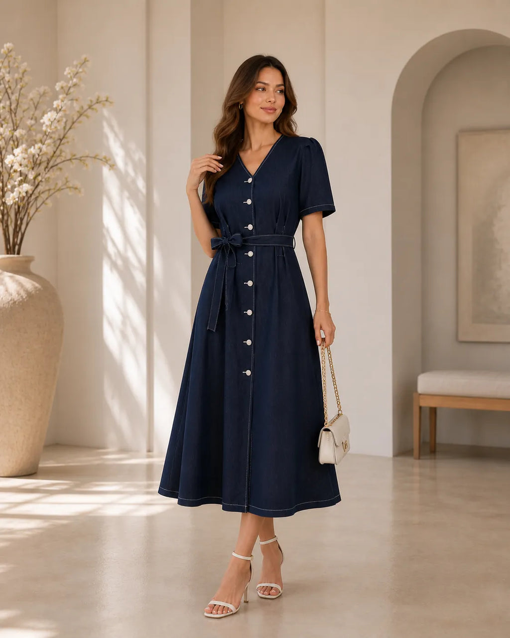 Midnight Blue Button Down Midi Dress