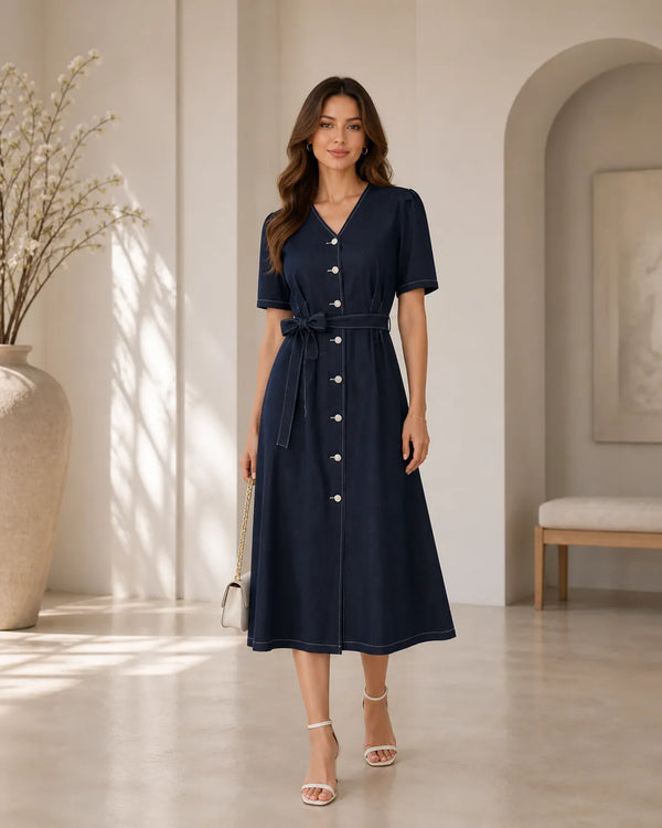 Midnight Blue Button Down Midi Dress