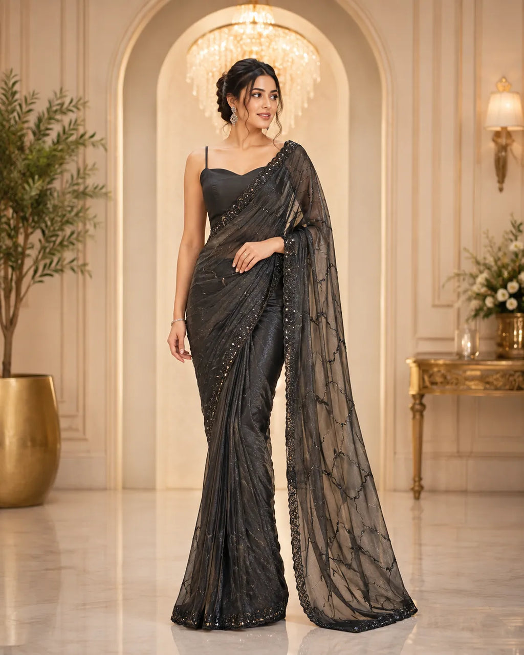 Midnight Glimmer Net Saree