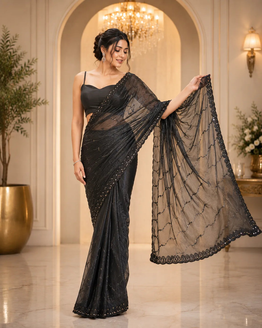 Midnight Glimmer Net Saree