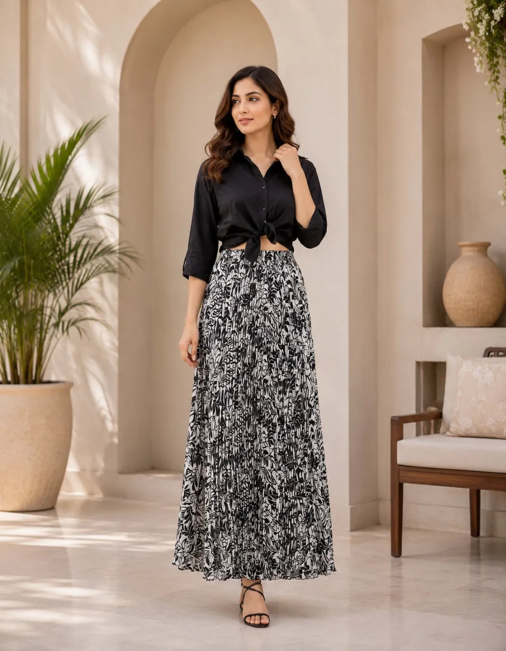Monochrome Printed Flowy Long Skirt