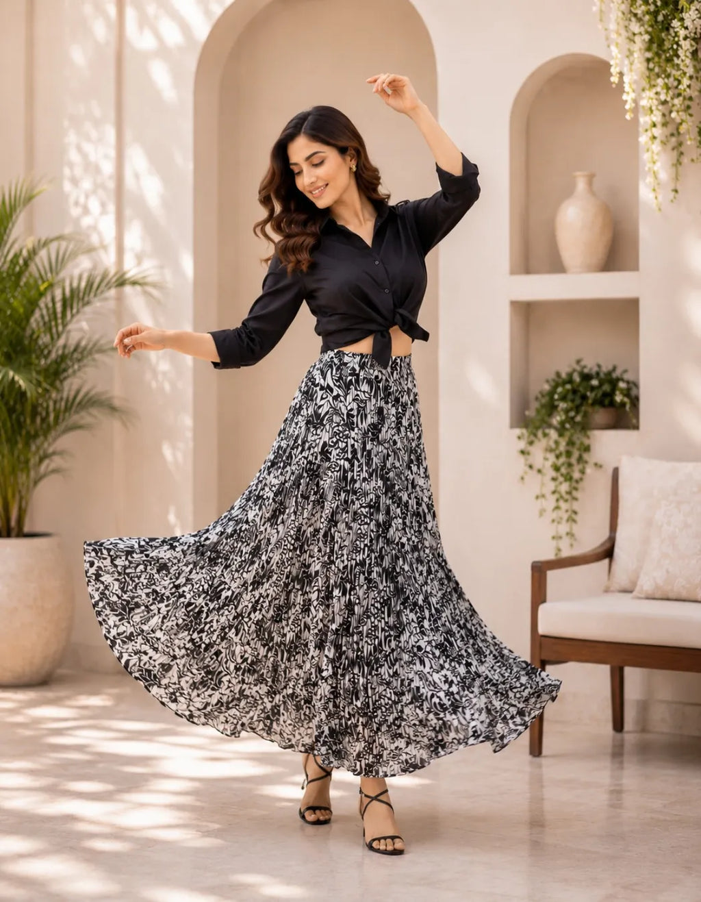 Monochrome Printed Flowy Long Skirt