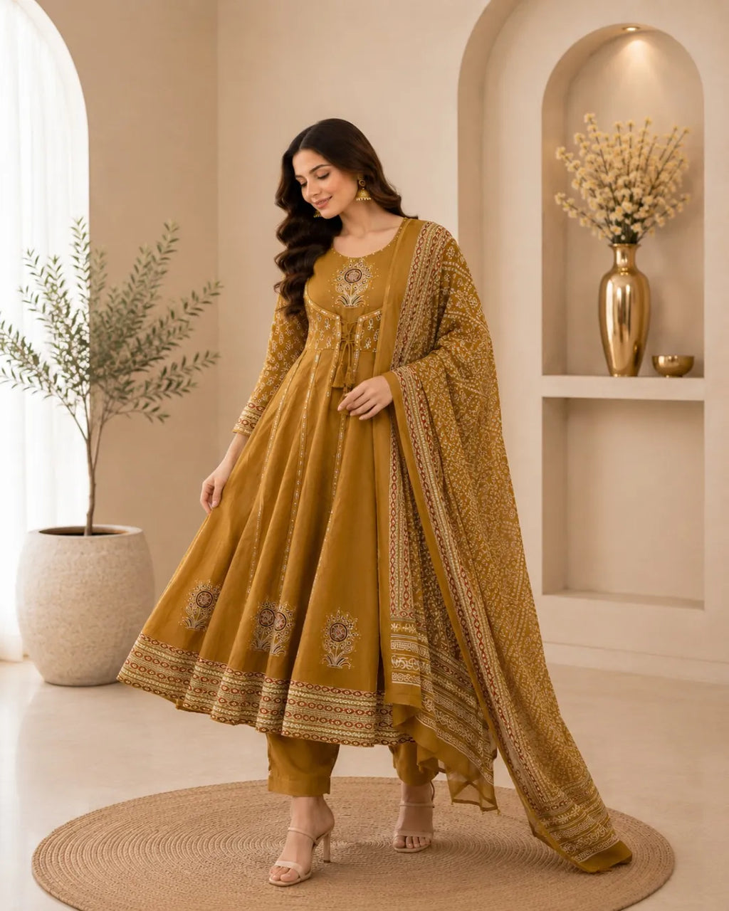 Mustard Royale Anarkali Cotton Suit Set