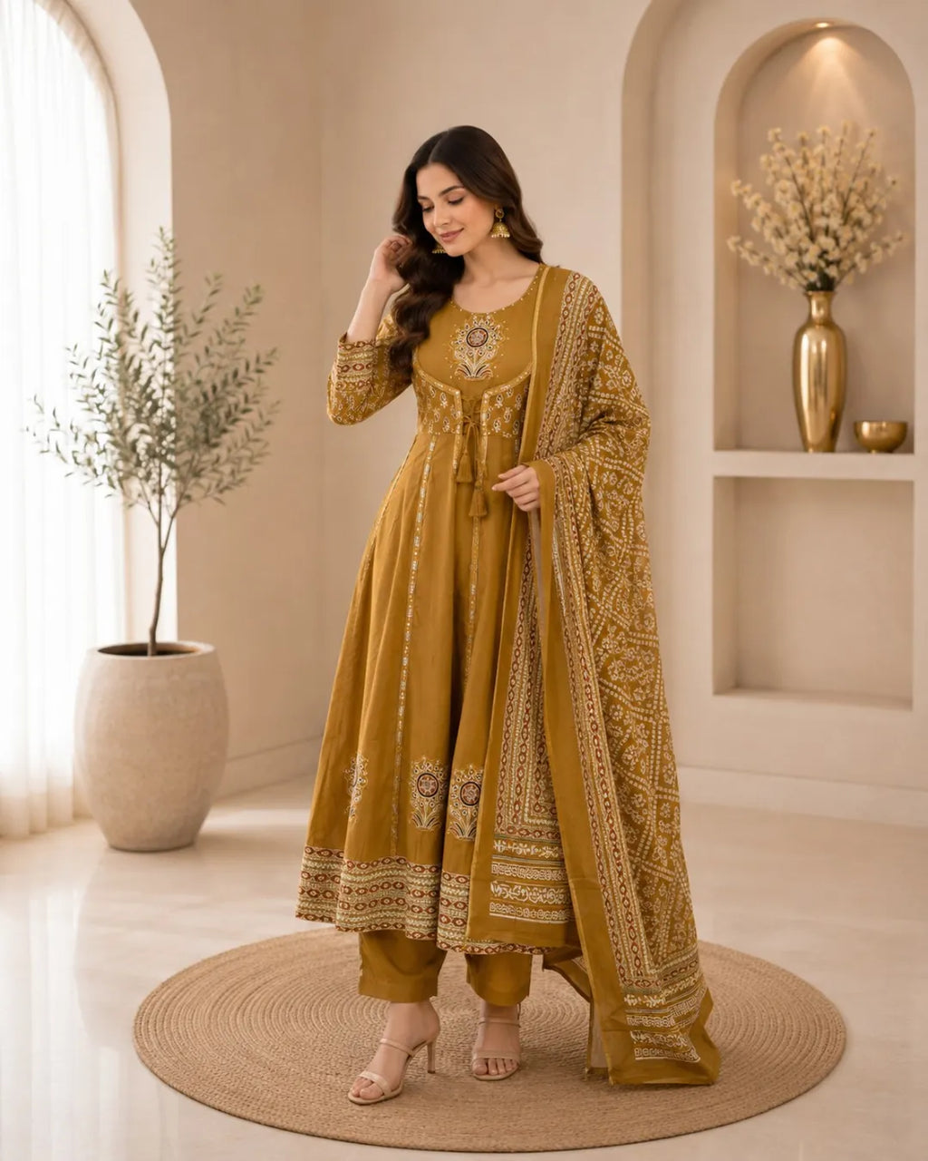Mustard Royale Anarkali Cotton Suit Set