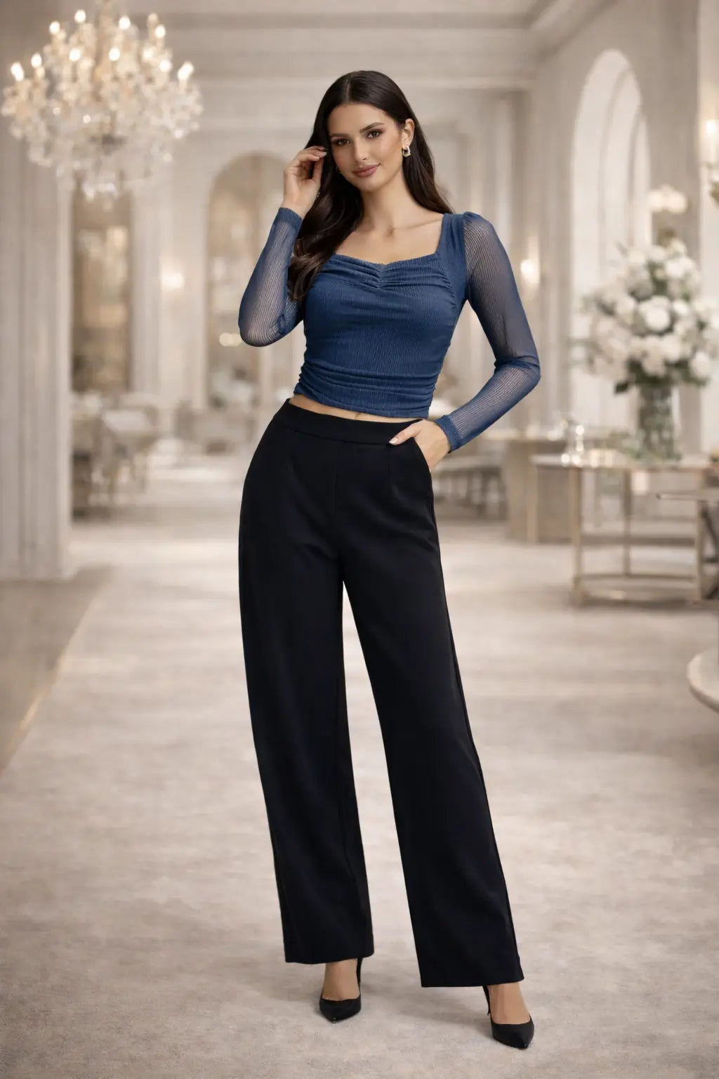 Navy Mesh Sleeve Ruched Top