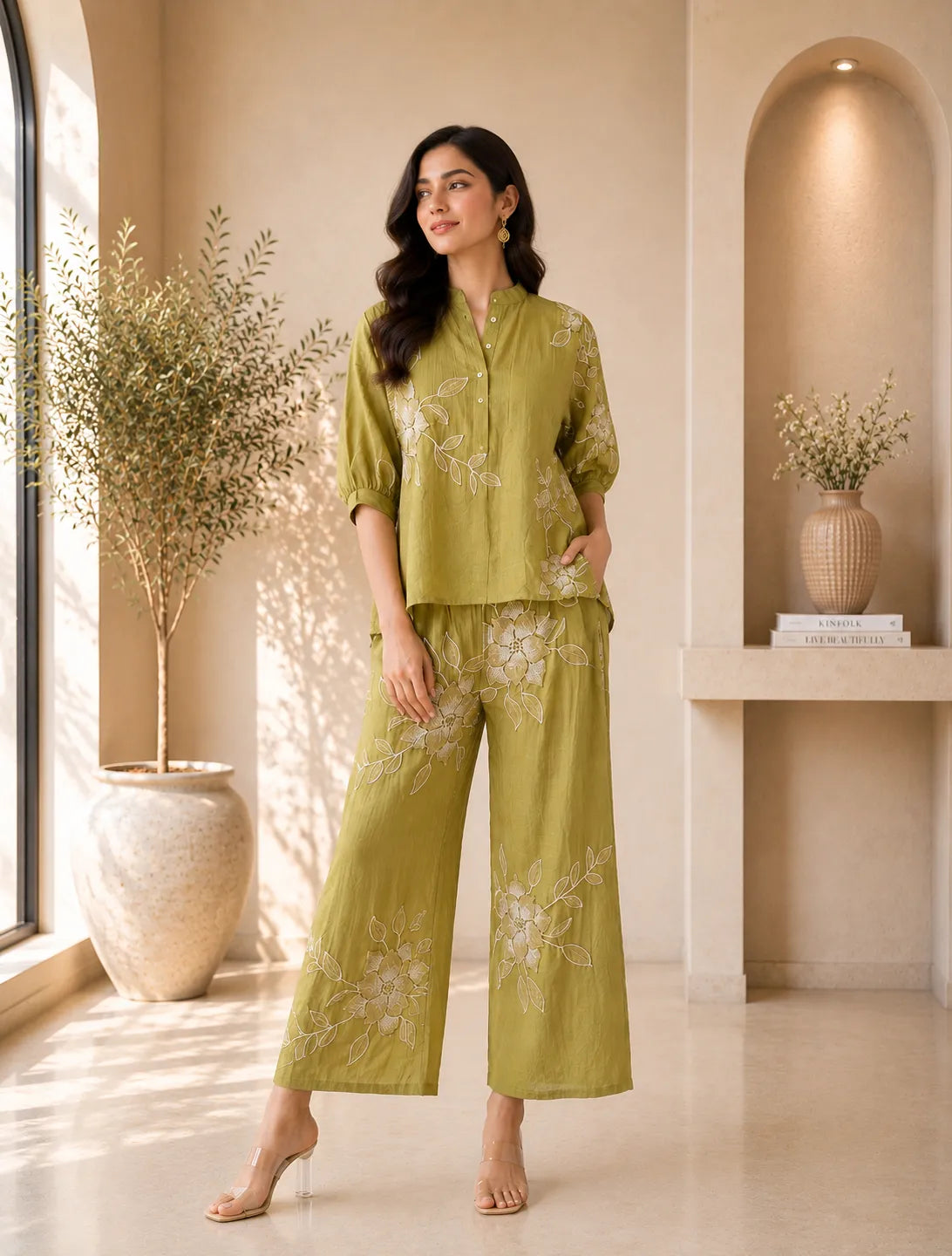 Olive Bloom Embroidered Co Ord Set