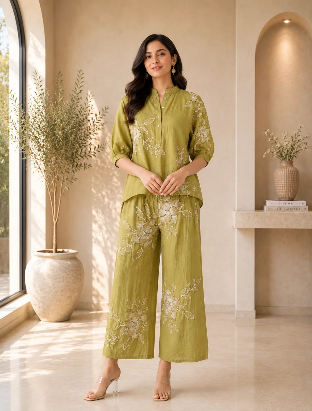 Olive Bloom Embroidered Co Ord Set