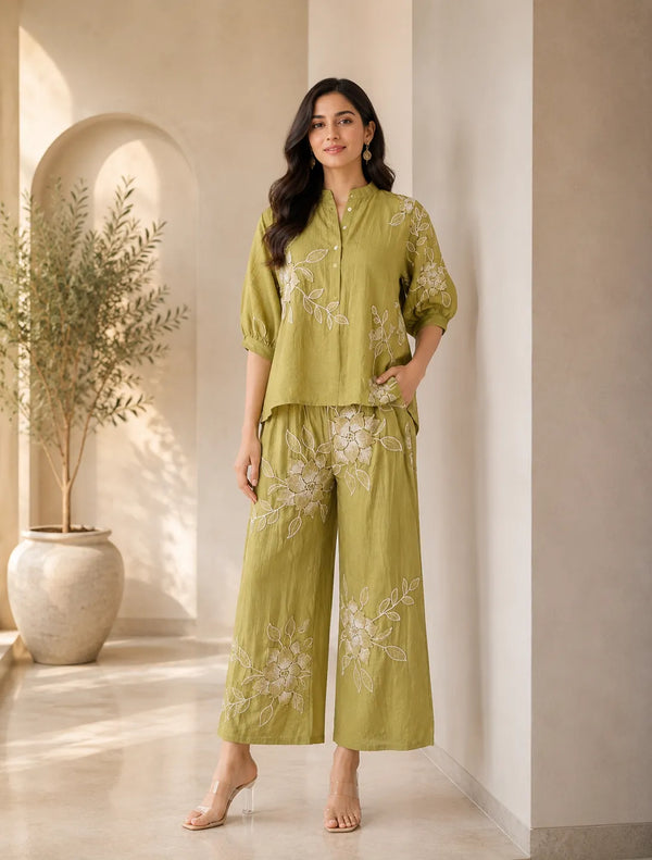 Olive Bloom Embroidered Co Ord Set