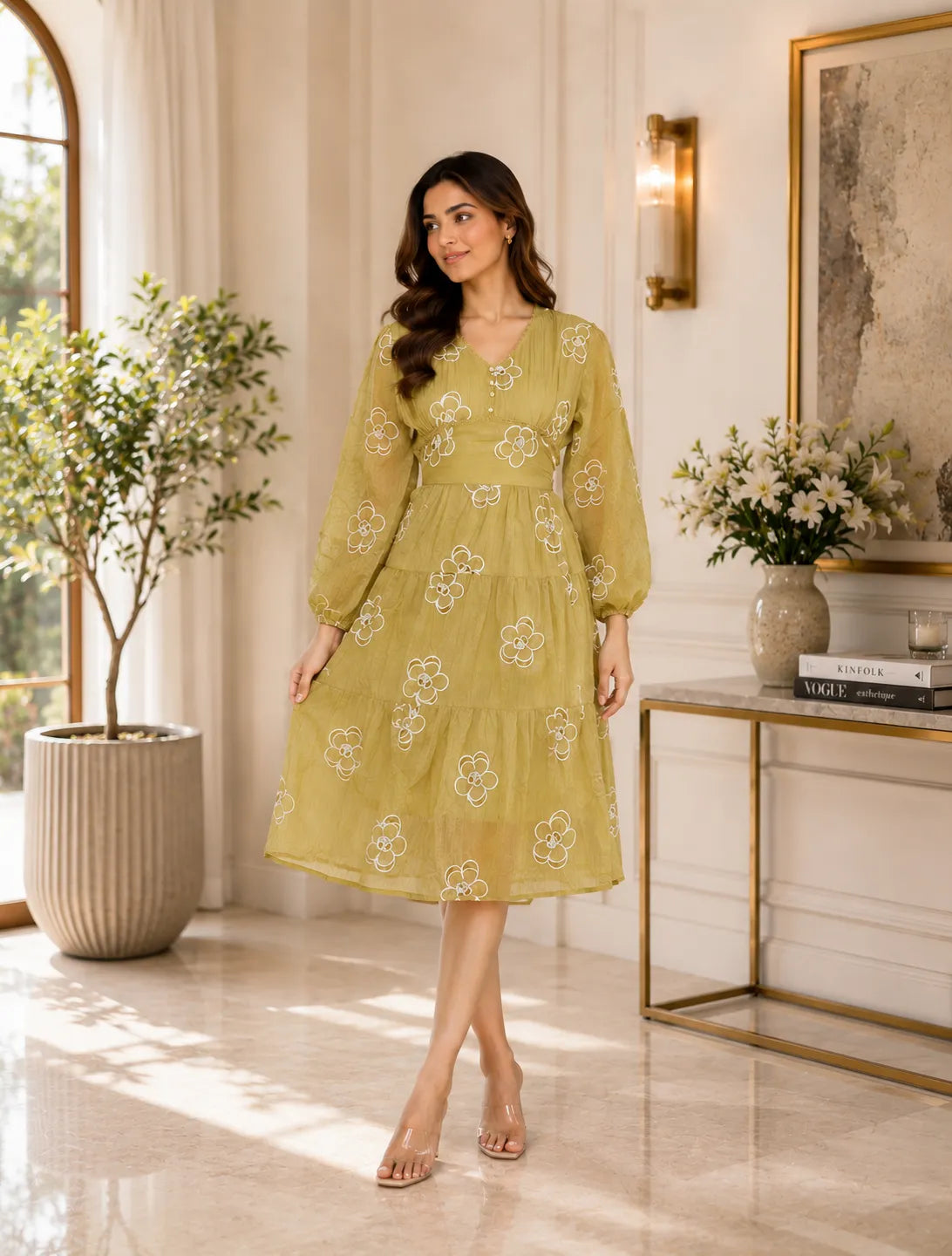 Olive Blossom Tiered Midi Dress