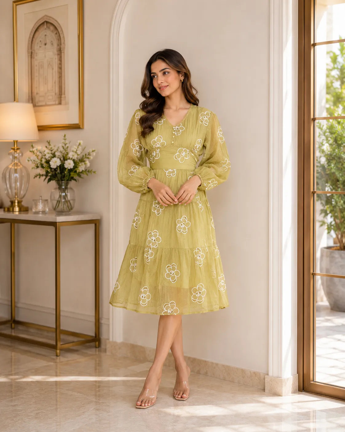 Olive Blossom Tiered Midi Dress
