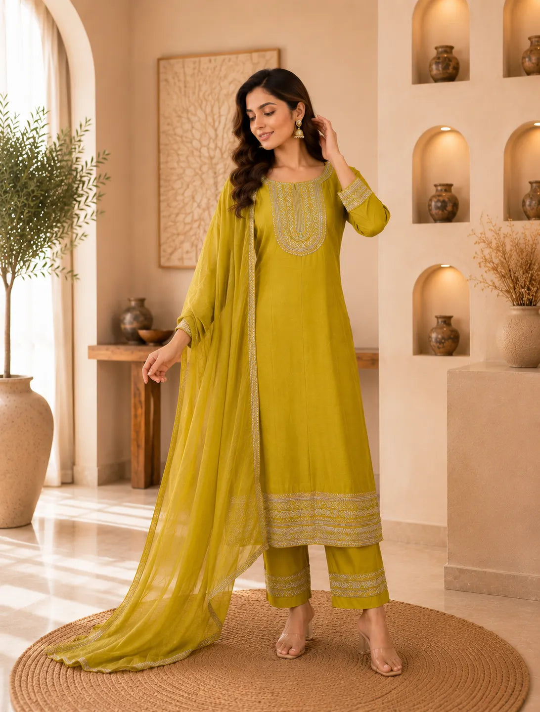 Olive Gold Embroidered Suit Set