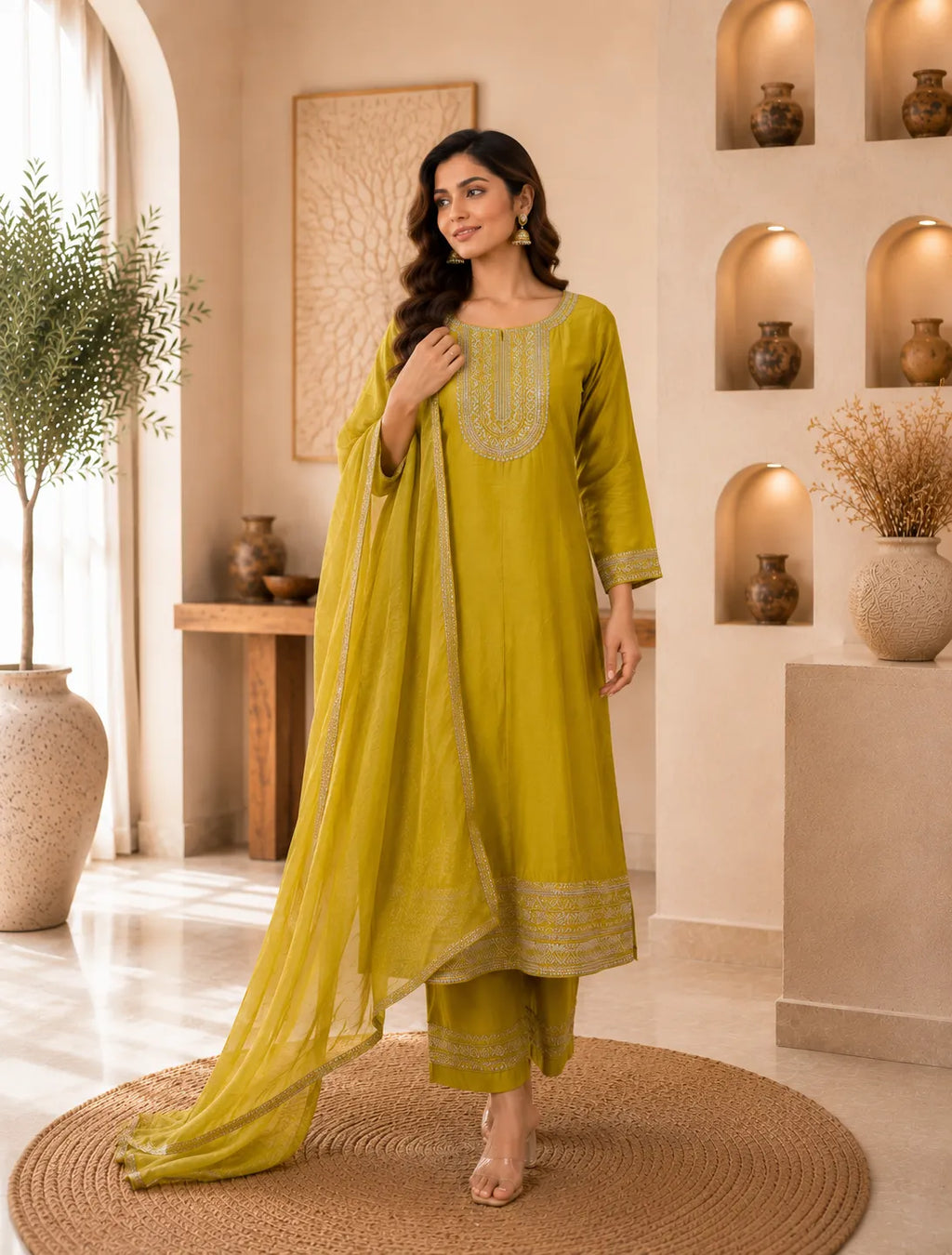 Olive Gold Embroidered Suit Set