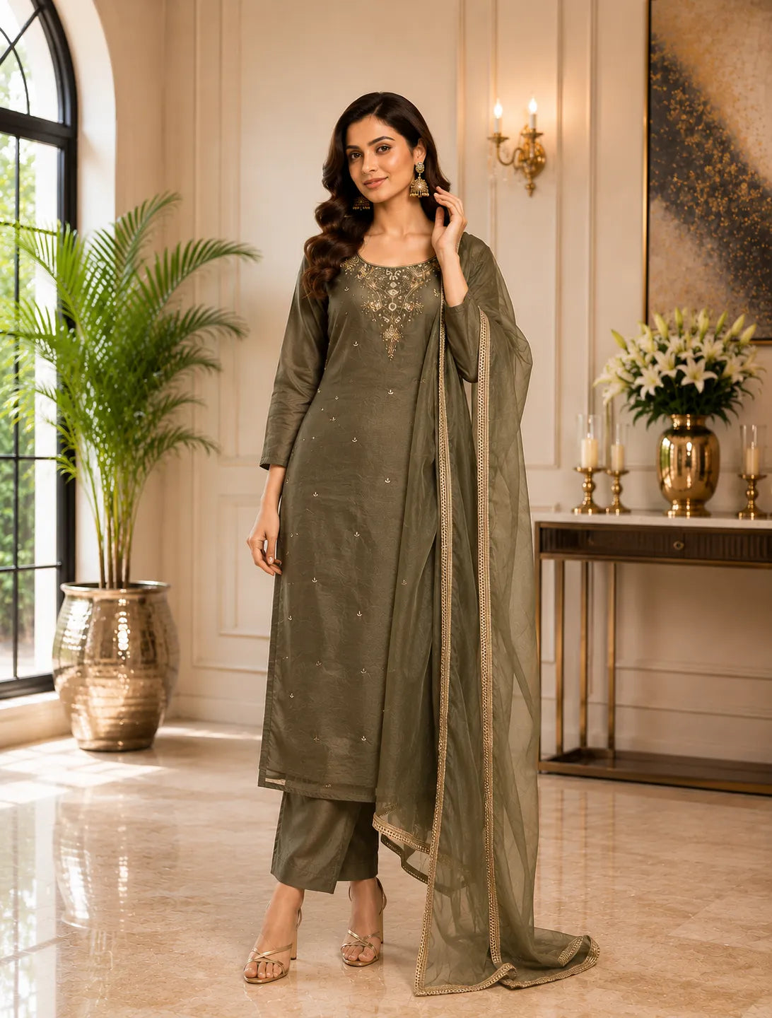 Olive Grace Embroidered Straight Suit Set