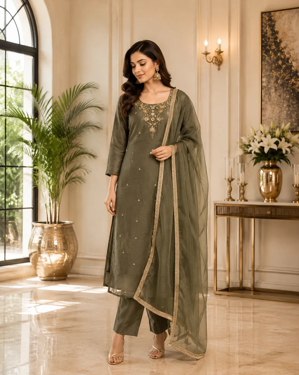 Olive Grace Embroidered Straight Suit Set
