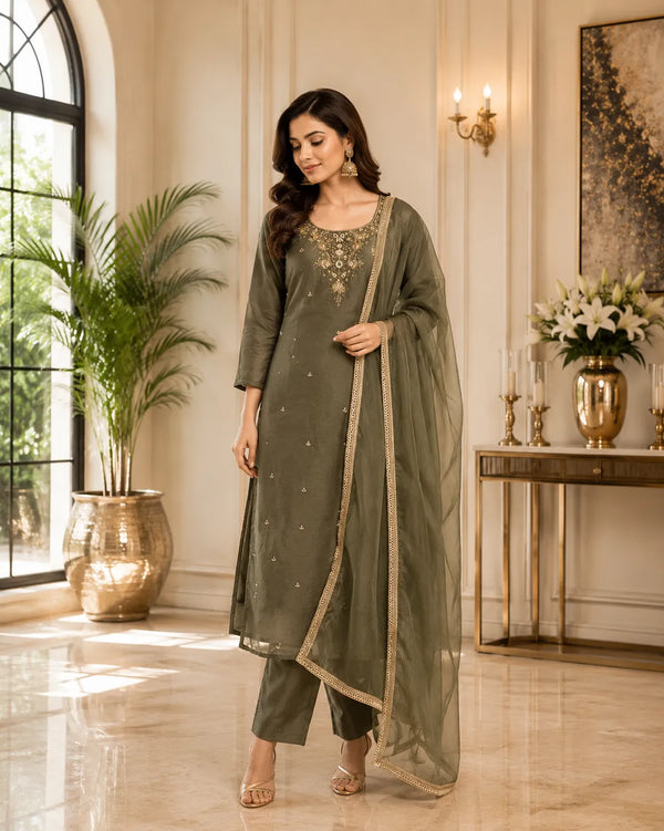 Olive Grace Embroidered Straight Suit Set