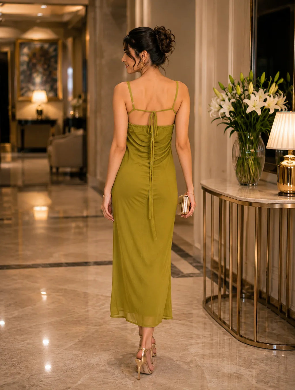Olive Whisper Ruched Midi Dress