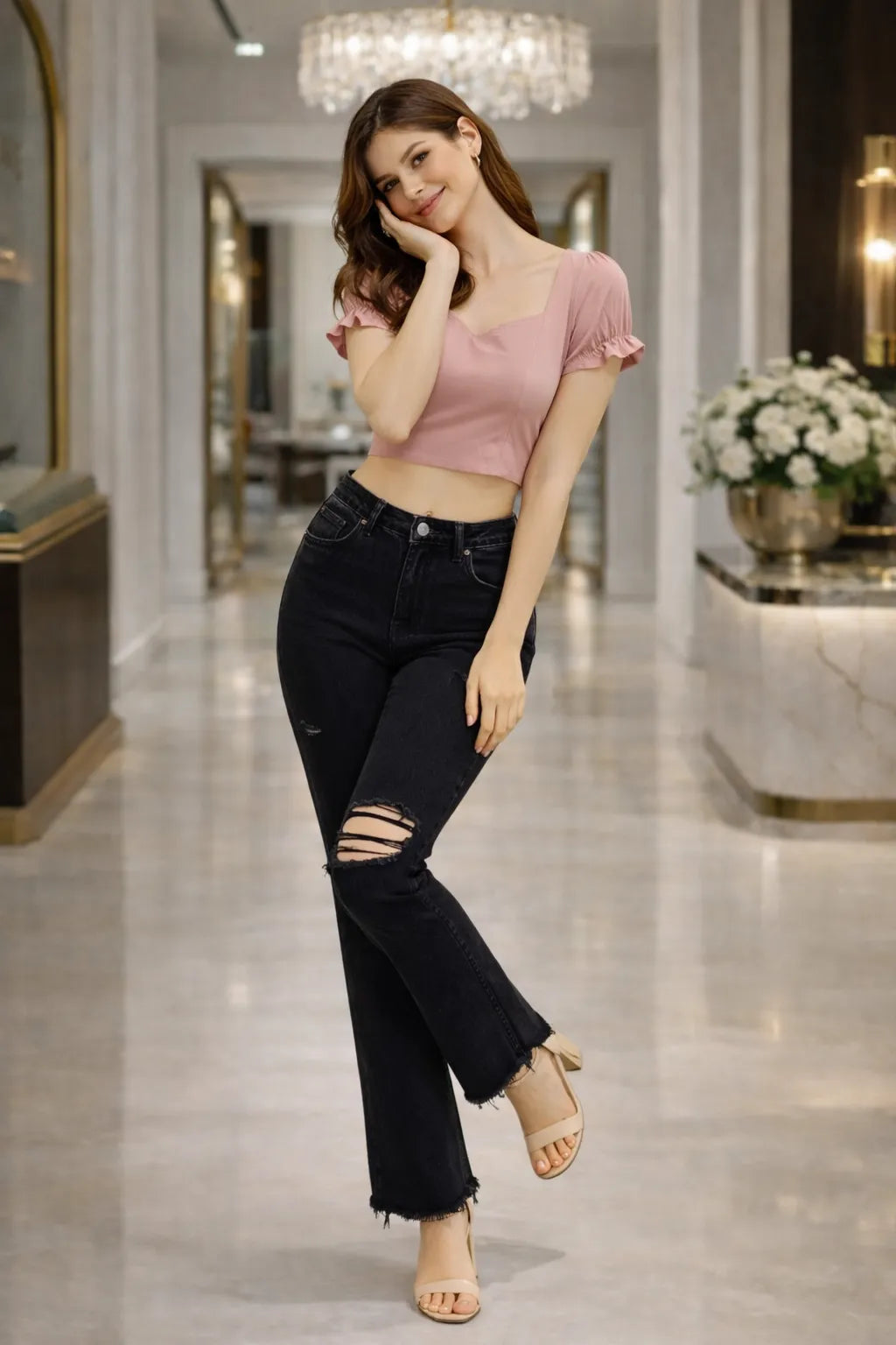 Rosy Flutter Sleeve Crop Top