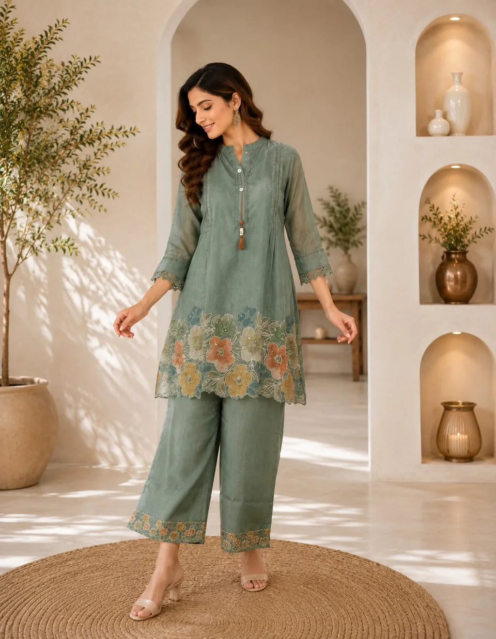 Sage Bloom Embroidered Co Ord Set
