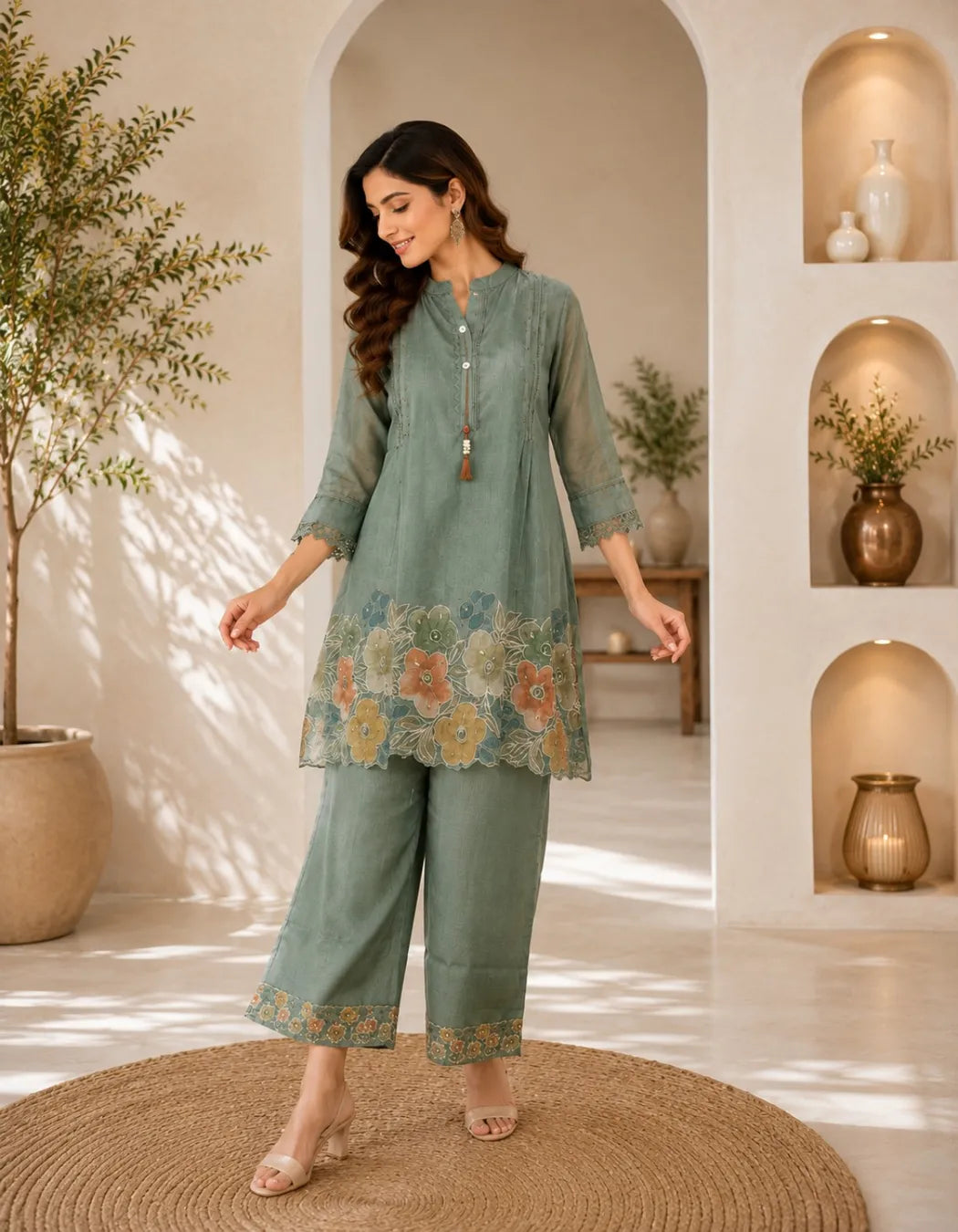 Sage Bloom Embroidered Co Ord Set