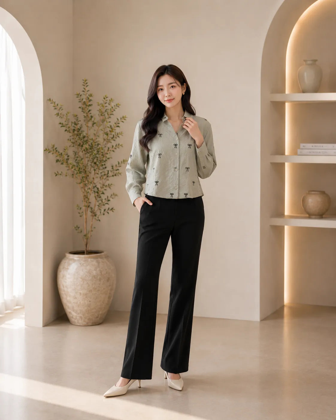 Sage Charm Bow Embroidered Shirt