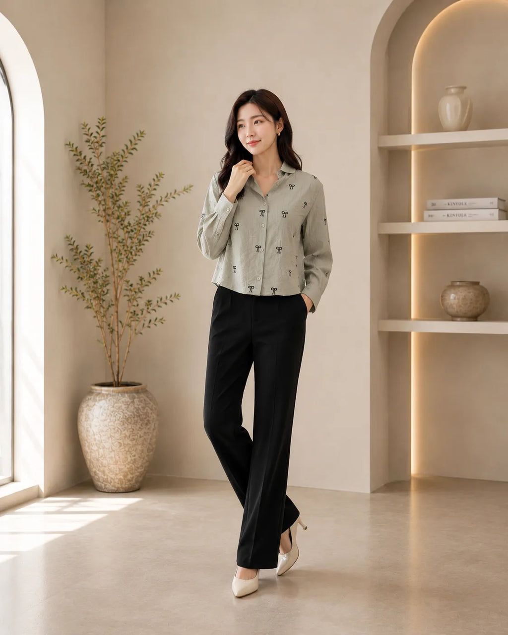 Sage Charm Bow Embroidered Shirt