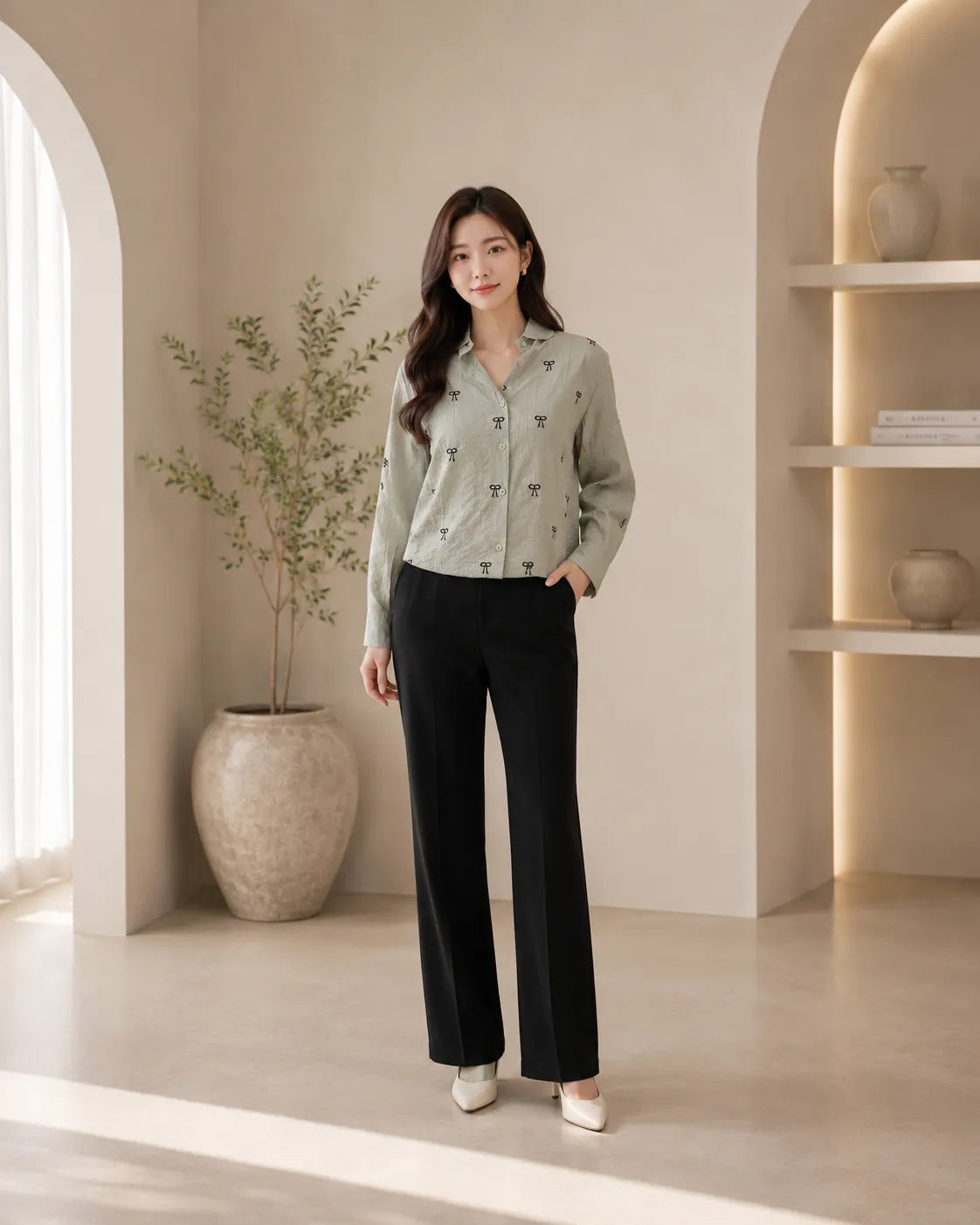Sage Charm Bow Embroidered Shirt
