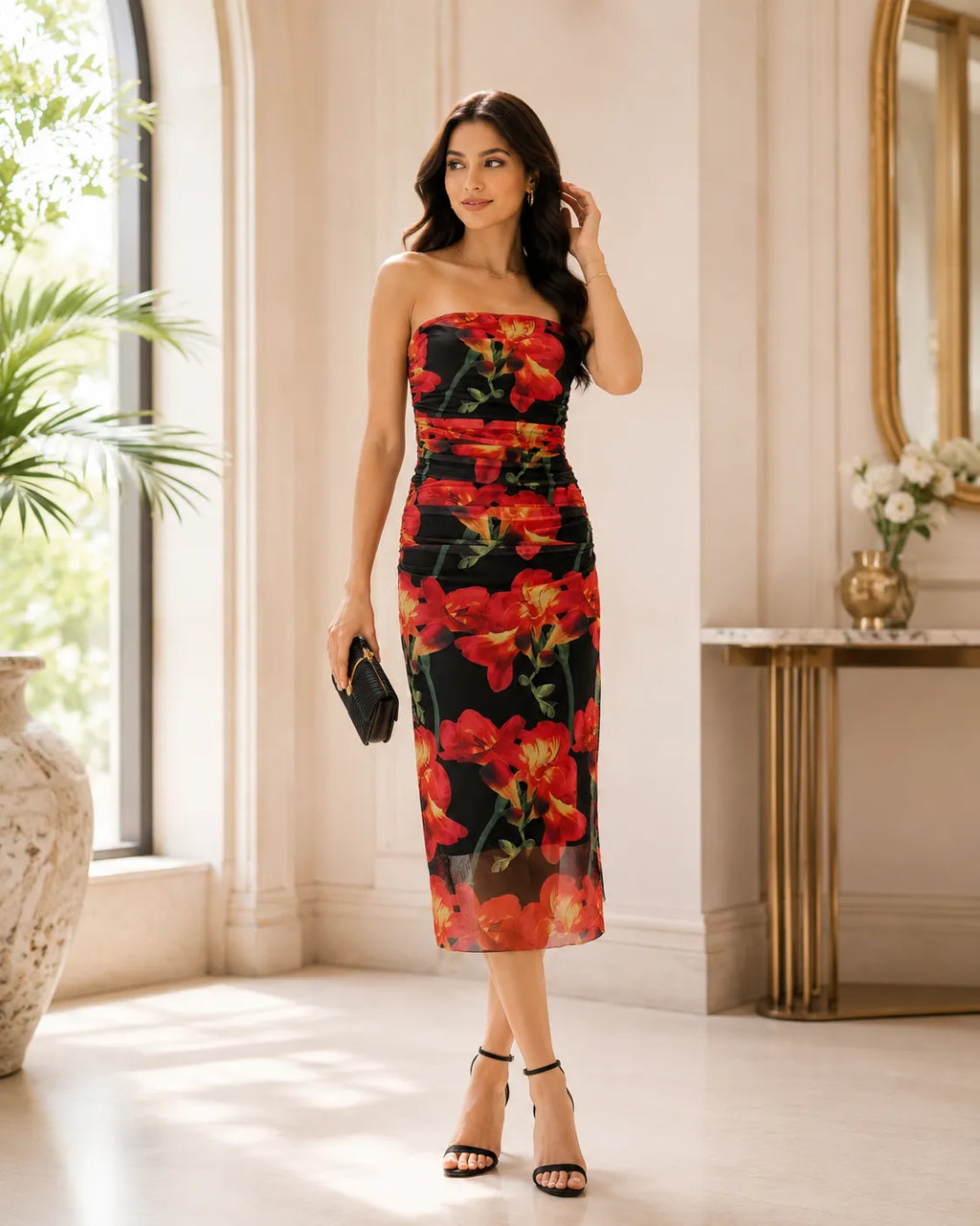 Scarlet Bloom Strapeless Midi Dress