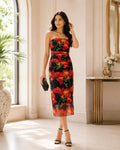 Scarlet Bloom Strapeless Midi Dress