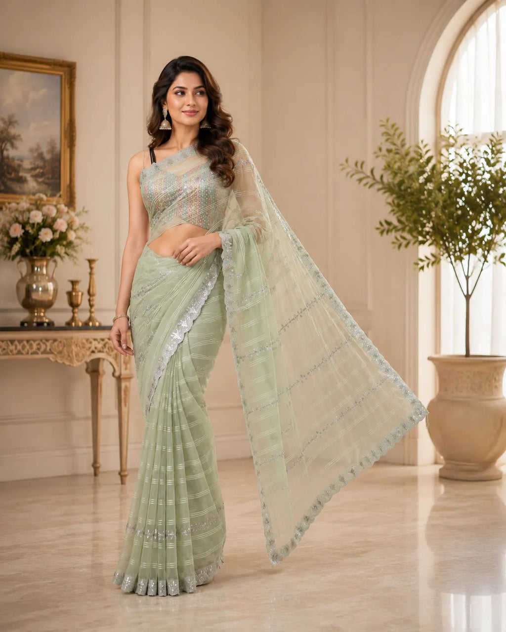 Shimmer Stripe Embroidered Georgette Saree