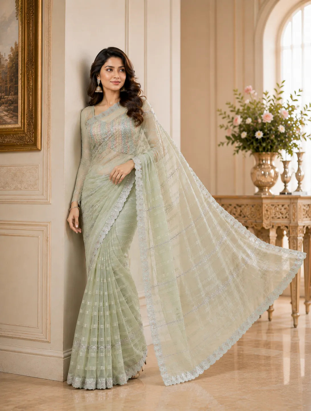 Shimmer Stripe Embroidered Georgette Saree