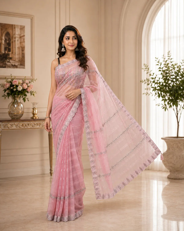 Shimmer Stripe Embroidered Georgette Saree