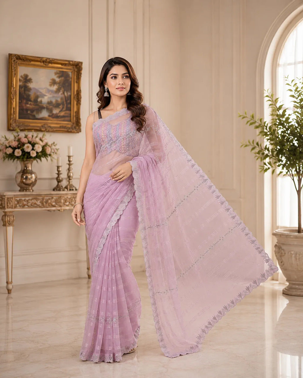 Shimmer Stripe Embroidered Georgette Saree