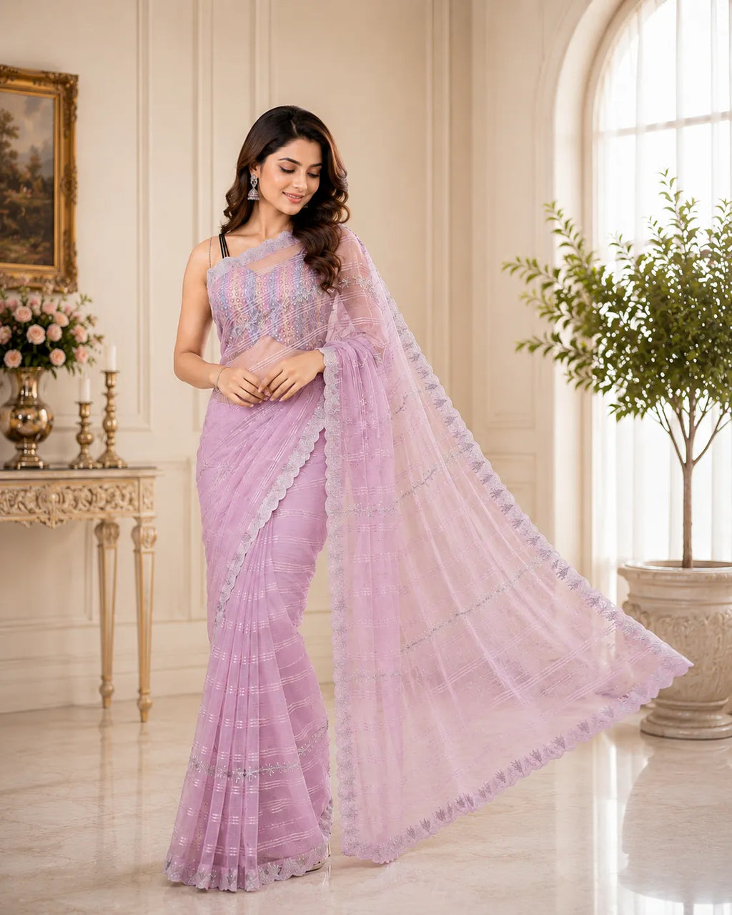 Shimmer Stripe Embroidered Georgette Saree