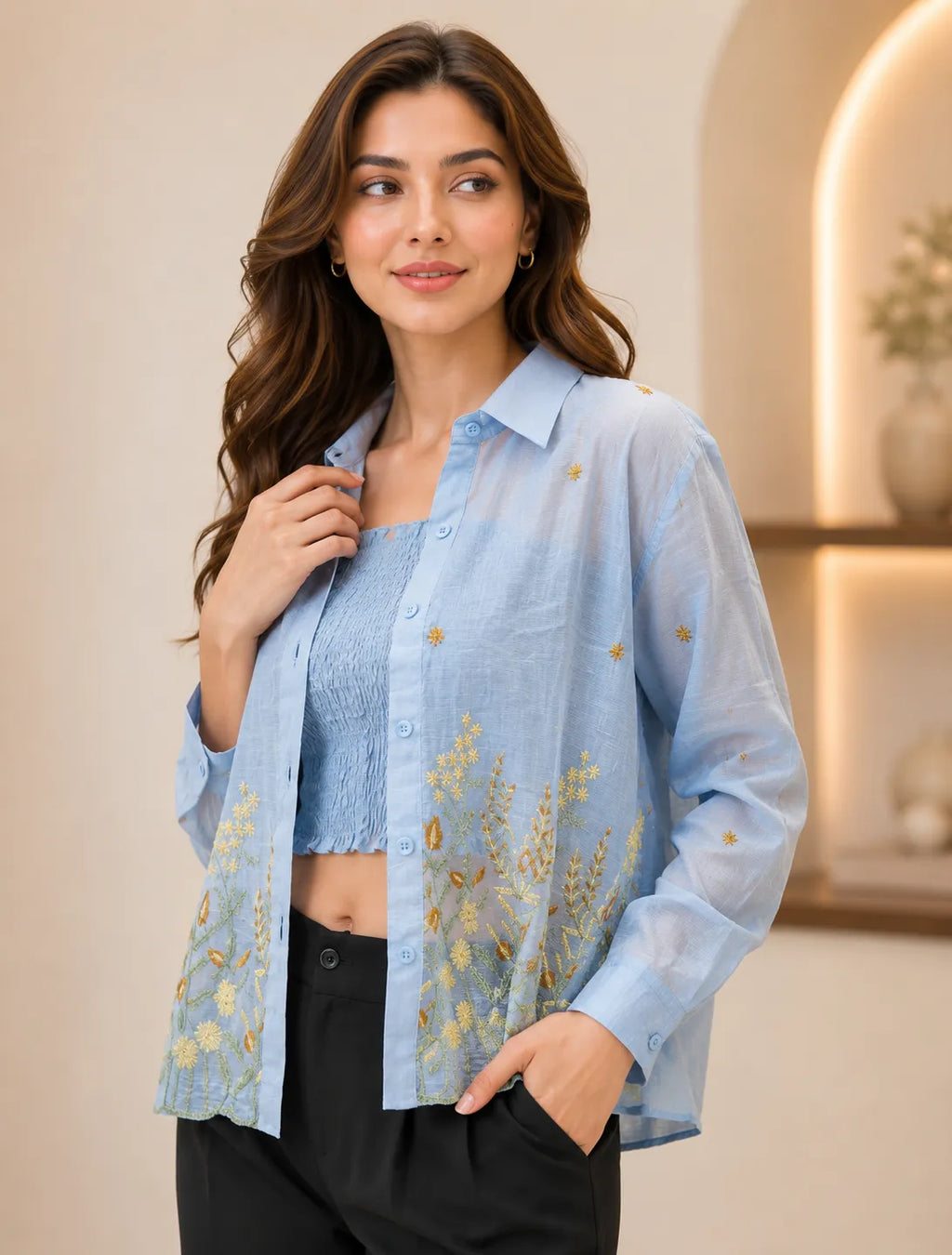 Sky Bloom Embroidered Shirt Set