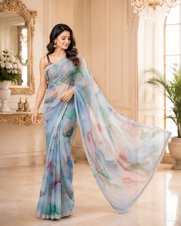 Soft Oragnza Digital Floral Print Saree