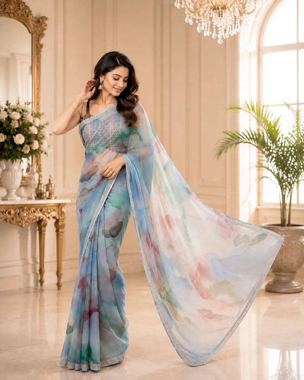 Soft Oragnza Digital Floral Print Saree