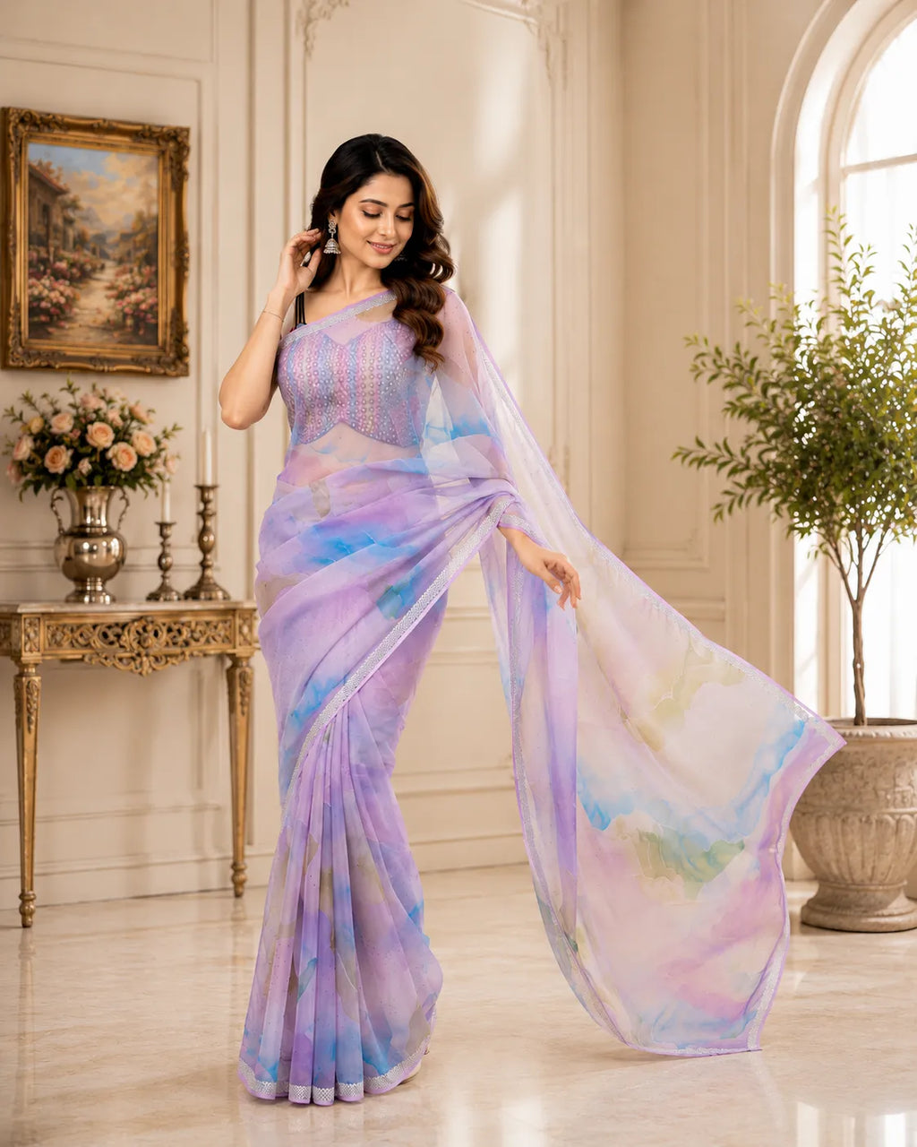 Soft Oragnza Digital Floral Print Saree