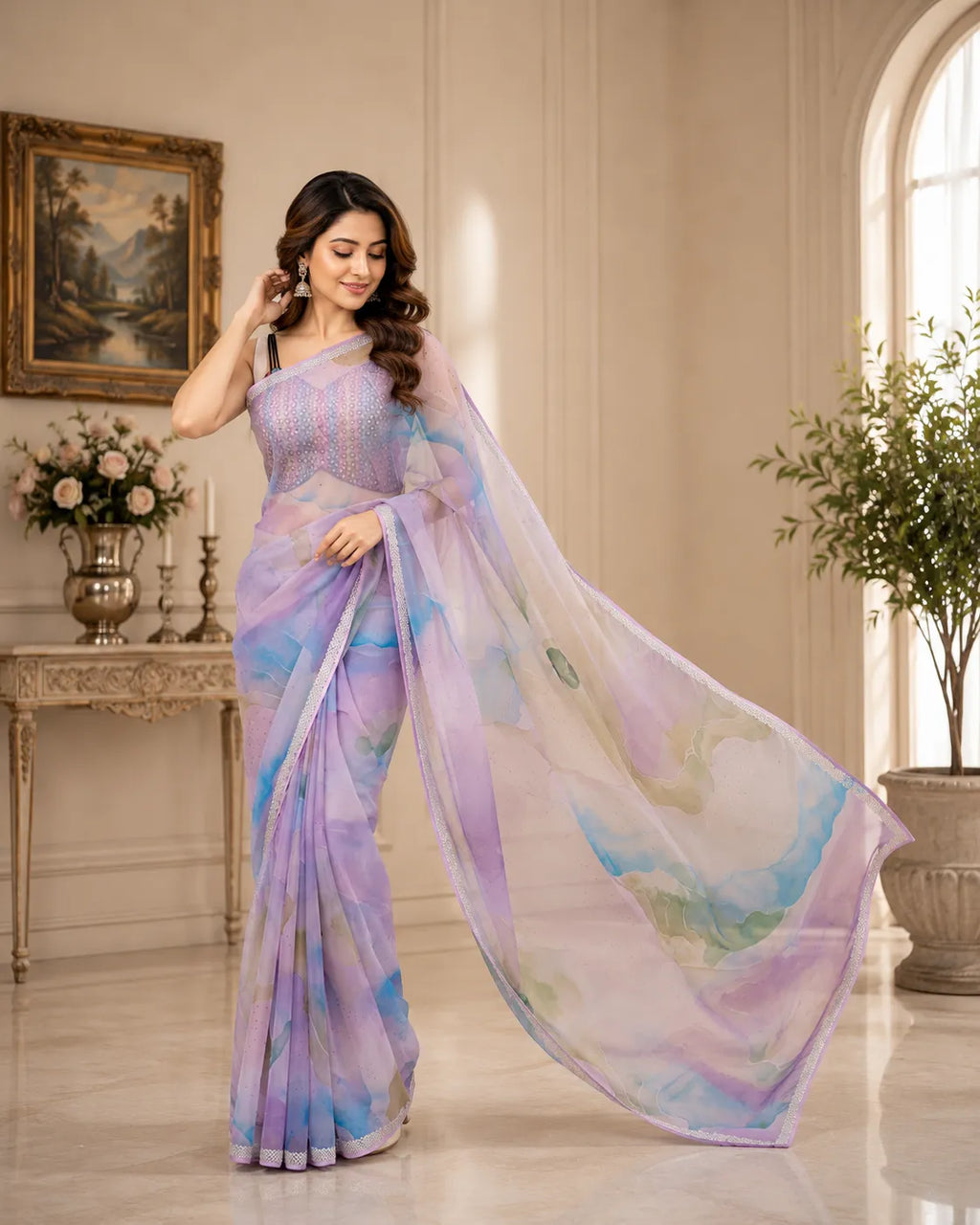 Soft Oragnza Digital Floral Print Saree