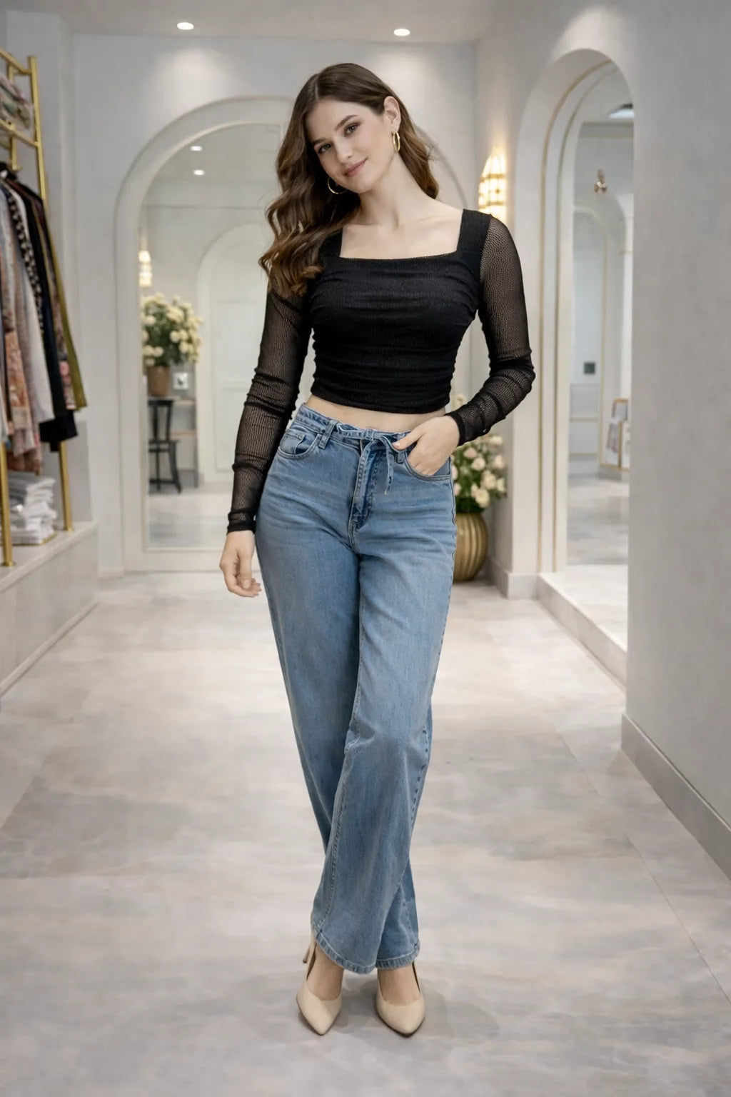 Square Neck Mesh Sleeve Top